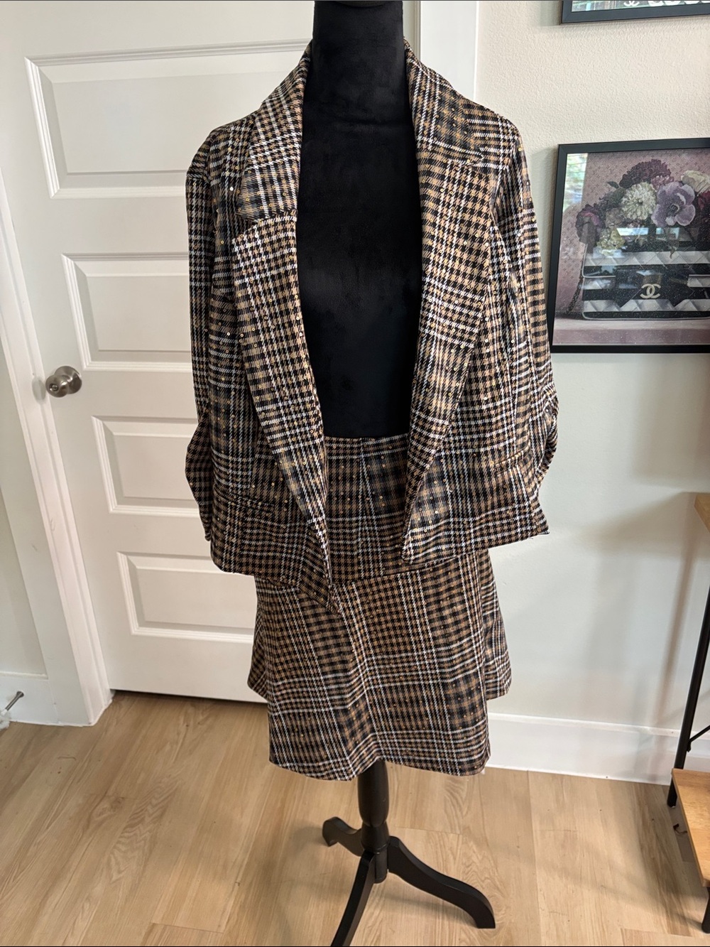 Plaid Two-Piece Blazer and Skirt in Brown